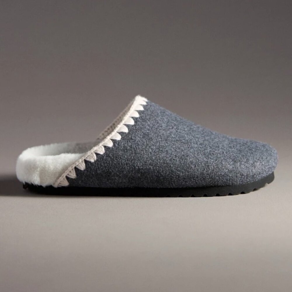 Anthropologie Gray Felt Slip-On Slippers with Cream Trim